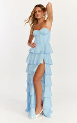 Bella Maxi Dress - Strapless Corset Bodice Lace Up Back Tiered Ruffle Dress in Soft Blue