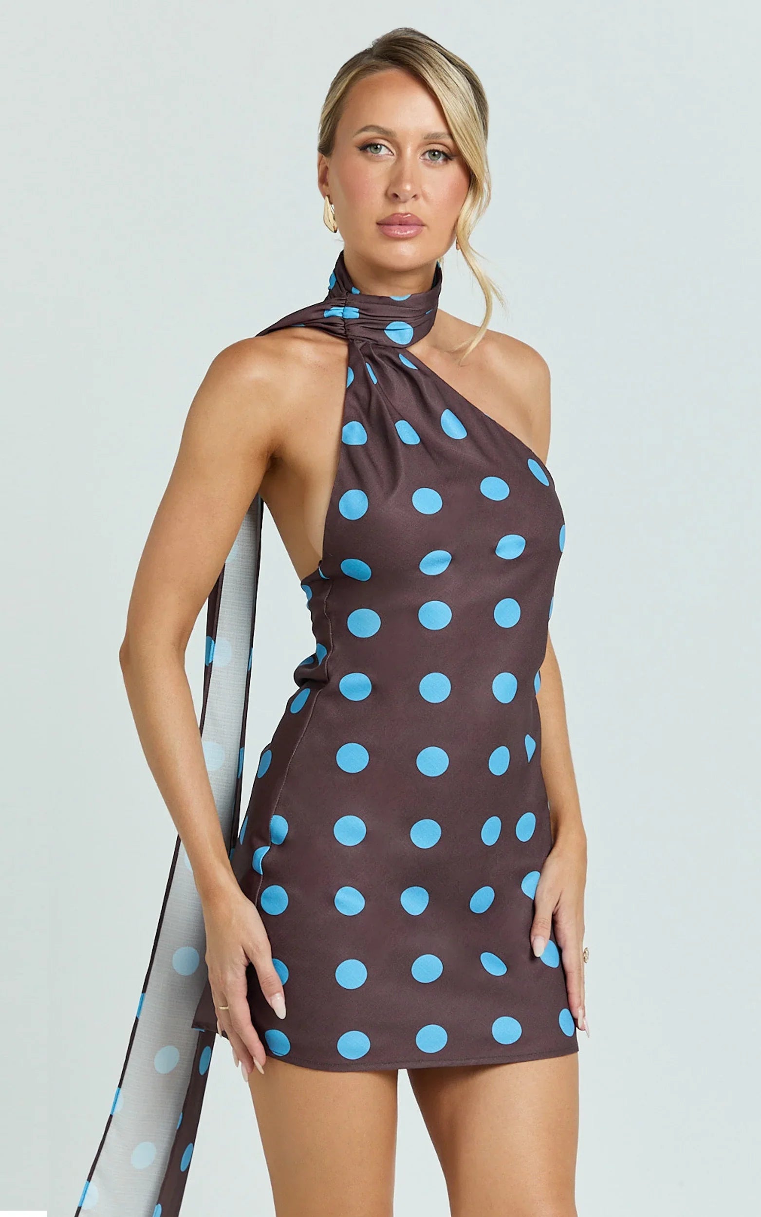 Maddox Mini Dress - Scarf Neck Low Tie Back Slip Dress in Polka Dot Print