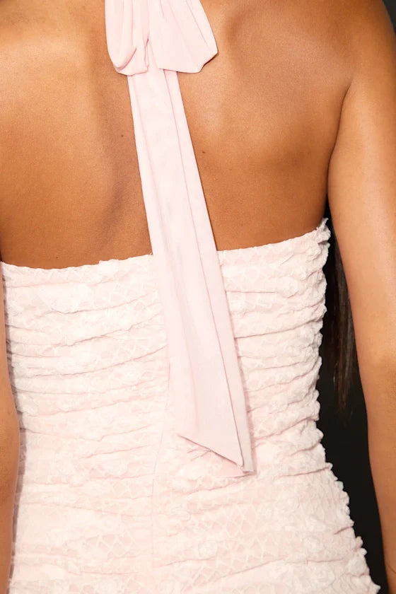 Dominique Blush Pink Lace Ruched Halter Mini Dress
