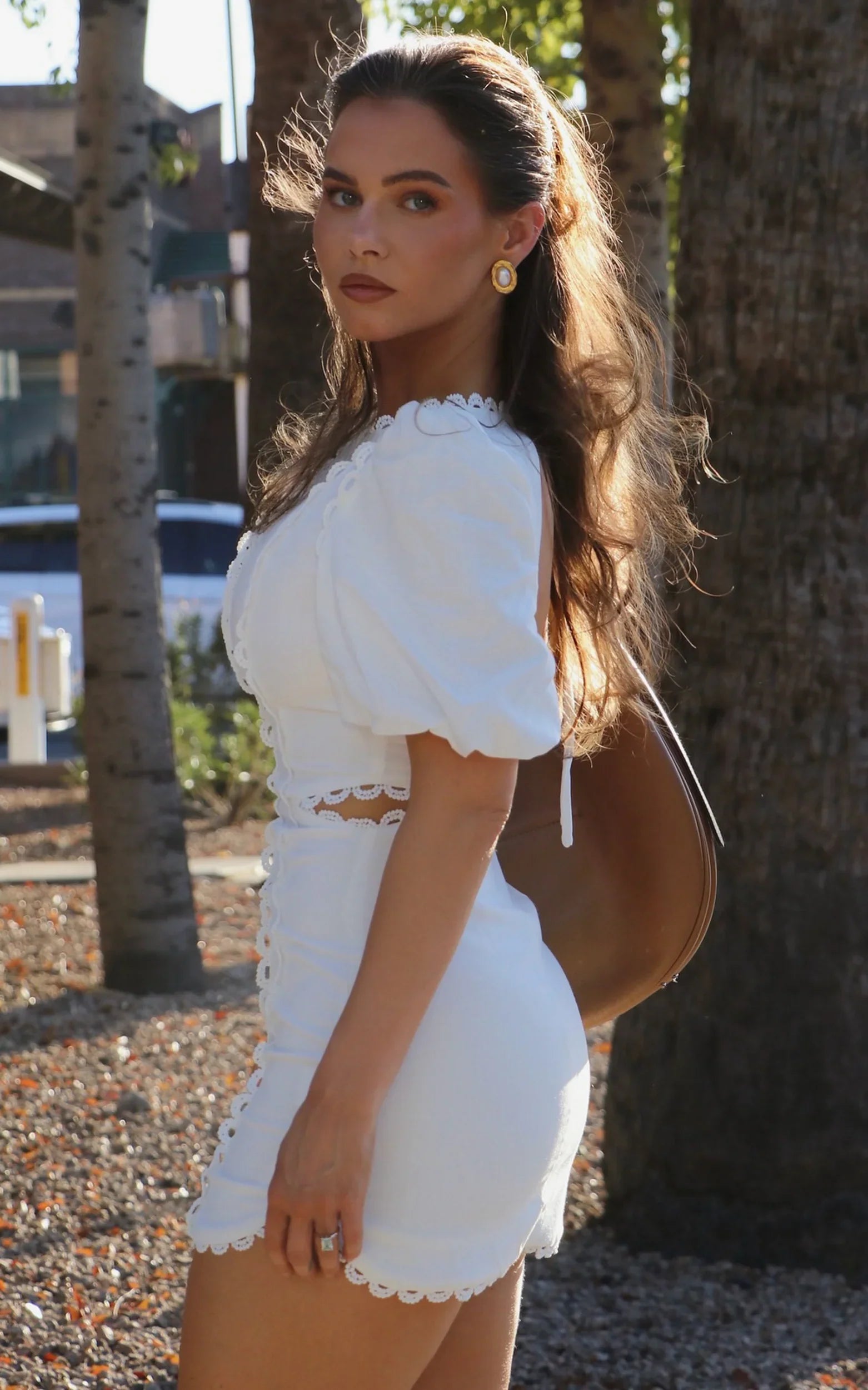 Laila Mini Linen Blend Dress - High Neck Side Cut Out Puff Sleeve Straight Dress in Off White
